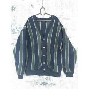 Vtg Structure Men XL 100% Wool Striped Cardigan Navy Green Grandpacore Y2K 90s